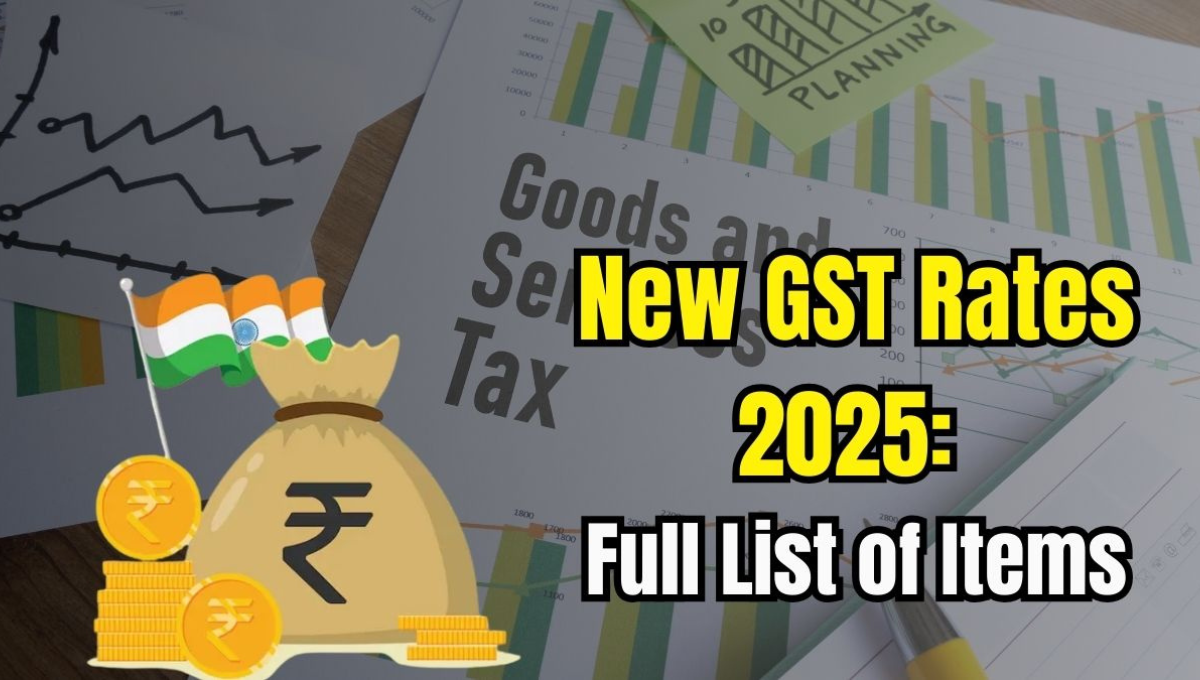 New GST Rate List 2025 infographic showing 0%, 5%, 18%, 40% tax slabs