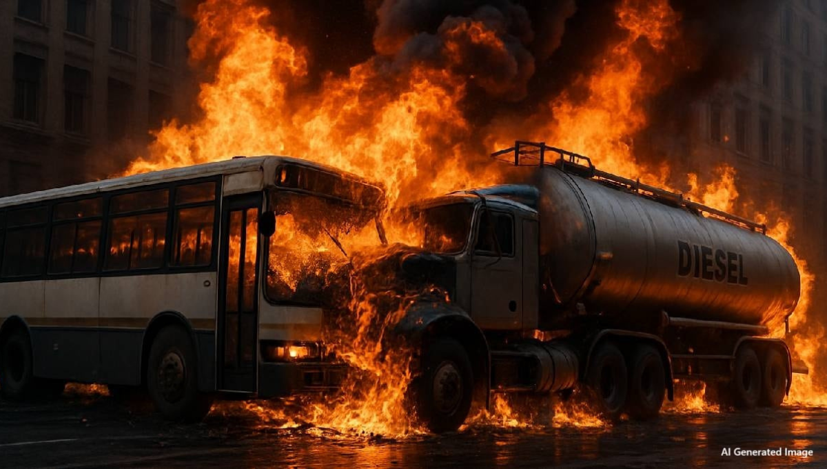 Saudi Arabia Bus Accident में Oil Tanker से टकराई बस और लगी आग।